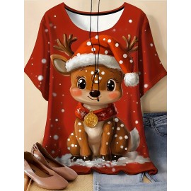 A Plus-Size Women'S T-Shirt Featuring a Reindeer Print with a Christmas Hat - Breathable, Round-Neck, Short-Sleeve Summer Top, Machine Washable with Artistic Design, Made from Comfortable Fabric, Perfect for Casual Wear, a Must-Have for Summer Outfi