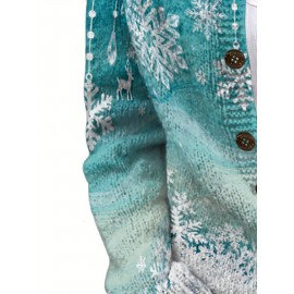 Women's Plus Size 0XL-6XL Turquoise & White Snowflake Button-Front Cardigan Sweater Coat - Soft Winter Jacket with Lace Collar, Cozy Loose Fit Christmas Party Outfits, New Year's Eve Holiday Dresses
