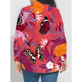 Plus Size Women'S Long Sleeve Shirt with Floral Print | Featuring Butterfly Elements, Mid-Length Design, Warm-Toned Red, Soft, Comfortable, Skin-Friendly, Perfect as a Base Layer for Spring and Autumn