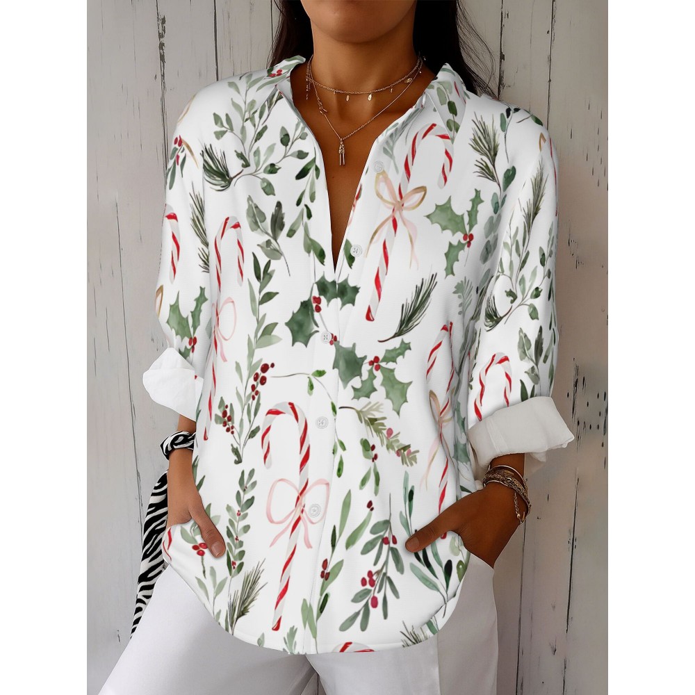 Women'S Red & Green Candy Cane & Holly Print White Long Sleeve Shirt - Lightweight Breathable Fabric, Stand Collar Button Front Closure, Regular Fit All-Day Comfort, Casual Winter Holiday Christmas Party Outfit, Festive Winter Alternative