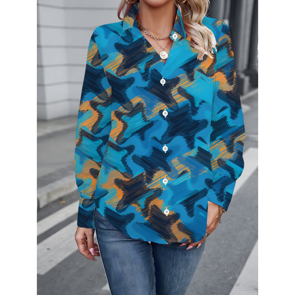 Plus Size Women'S Casual Long Sleeve Button-Up Shirt | Vibrant Abstract Print, Lightweight Stretchy Fabric, Perfect for Spring & Fall, Versatile for Casual Attire
