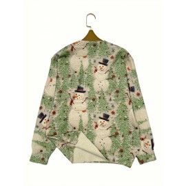 Women's Lightweight Winter Sweater - Full Snowman Print (Snowmen, Pine Trees, Holly) Long Sleeve Round Neck Sweater Coat Jacket-like | Machine Washable Cozy -Like Top for Christmas Parties, Casual Outfits & Holiday Events (No Belt