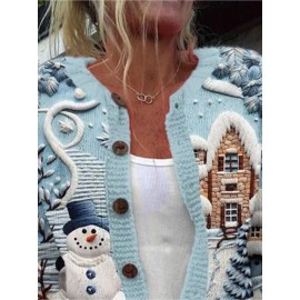 Plus Size Women's XL to 6XL Elegant Cardigan Sweater - Winter Snowman & Snow House Button-Front Closure, Lightweight Warm Long Sleeve Round Neck Coat, Casual Fall Winter Outfits Christmas New Year Gift