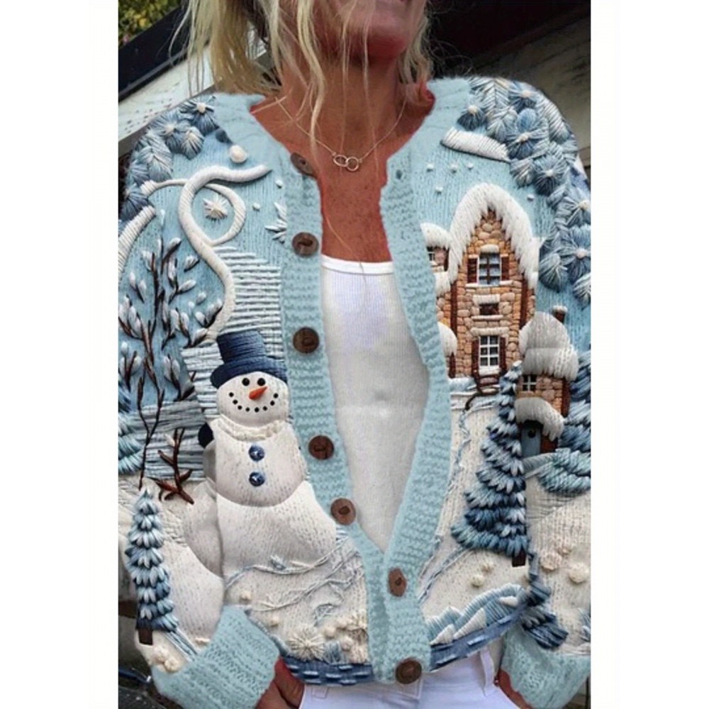 Plus Size Women's XL to 6XL Elegant Cardigan Sweater - Winter Snowman & Snow House Button-Front Closure, Lightweight Warm Long Sleeve Round Neck Coat, Casual Fall Winter Outfits Christmas New Year Gift