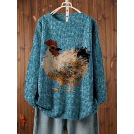 Women'S Plus Size Oversized Floral & Rooster Print Sweater - Soft Round Neck Long Sleeve Pullover Sweater, Cozy Loose Fit Casual Winter Sweater for Fall/Winter, Easy Care Everyday Sweater for Women (No Buttons/Zippers)