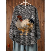 Women'S Plus Size Oversized Floral & Rooster Print Sweater - Soft Round Neck Long Sleeve Pullover Sweater, Cozy Loose Fit Casual Winter Sweater for Fall/Winter, Easy Care Everyday Sweater for Women (No Buttons/Zippers)