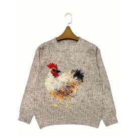 Women'S Plus Size Oversized Floral & Rooster Print Sweater - Soft Round Neck Long Sleeve Pullover Sweater, Cozy Loose Fit Casual Winter Sweater for Fall/Winter, Easy Care Everyday Sweater for Women (No Buttons/Zippers)