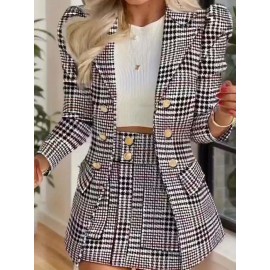 [Plaid Skirt Set] Elegant Plaid Pattern Button Skirt Set | Lapel Collar Long Sleeve Blazer & High Waist Skirt Outfits for Women | Spring & Fall Clothing