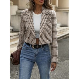 Women'S Houndstooth Blazer Jacket - Elegant Office to Party Coat, Structured H-Silhouette Blazer for Fall/Winter, Button-Front Closure, Professional & Formal Events - Women'S Business Jacket, Winter Outerwear, Stylish Outerwear, Durable Fabric