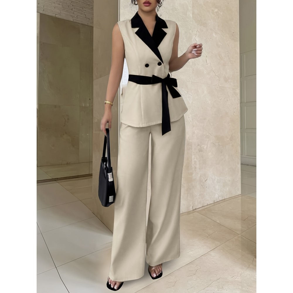 Women's Elegant Blazer & Wide-Leg Pants Set - Sleeveless Jacket with Belt, High-Waisted Trousers, Spring/Summer, Office or Casual, Formal Attire, Sleek Design