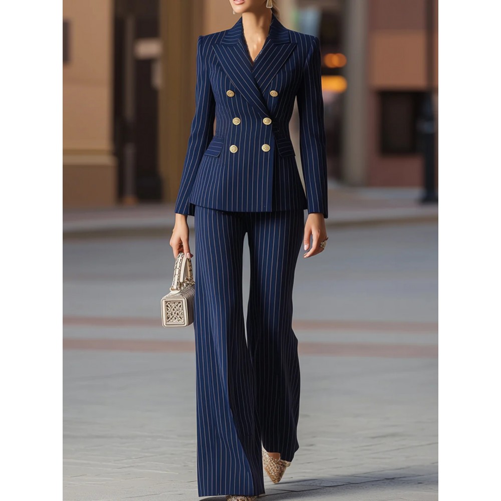 Women's Summer Suit Set, Loose Fit, Wide - leg Trousers Design, Decorated with Metal Buttons, Trendy and Versatile, Suitable for Weekend Outings/ Friends' Gatherings/ Shopping, Must - have for Casual Fashion