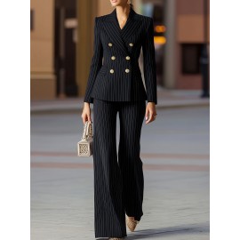 Women's Summer Suit Set, Loose Fit, Wide - leg Trousers Design, Decorated with Metal Buttons, Trendy and Versatile, Suitable for Weekend Outings/ Friends' Gatherings/ Shopping, Must - have for Casual Fashion