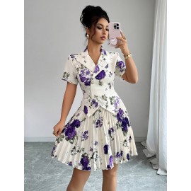 Printed Short Sleeve Pleated A-Line Elegant Romantic Women Suit Set