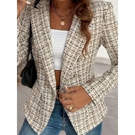 Women'S Elegant Blazer Jacket - Loose Fit Long Sleeve Button-Front Coat, & Brown Checkered Pattern, Structured Non-Stretch Fabric for Professional Casual Wear, Fall/Winter Office & Party Outerwear, Ladies Blazers