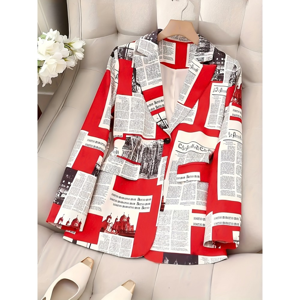 [Elegant Casual Cardigan] Women's Newspaper Print Long Sleeve Lapel Suit with Lining, Elegant Casual Vacation Business Professional Cardigan Jacket, Suitable for All Seasons