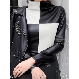 Women's Elegant -like Stretch Turtleneck Blazer Jacket-Like Top - Burgundy/Black/White/Gray Color Block H-Line Silhouette, Long Sleeve Shirt for Daily & Party Wear, Spring Summer Fall (No Chest Padding, Non-)