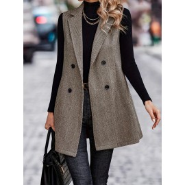Women'S Herringbone Pattern Double-Breasted Lapel Vest Suit Jacket - Sleeveless H-Line Silhouette with Structured Lapel Collar, Beltless Waist & Knee-Length Design for Spring Summer Fall, Casual to Semi-Formal Outfits - Versatile Outerwear for Jeans to Dresses (No Belt Included)