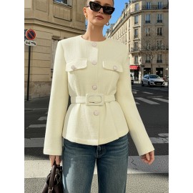 Elegant Versatile Waistcoat | Chic Casual Blazer, Stylish Slim-Fit Versatile Outerwear, Women'S Tweed Textured Commuting Single-Breasted Top, Material, Fall/Winter Season, Long Sleeve.