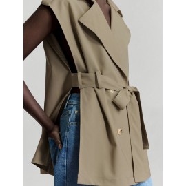 Women's Sleeveless Blazer Coat - Belted Lapel Collar H-Line Tailored Jacket, Beige/Brown/Black/Navy/Gray, Machine Washable All-Season Office Wedding Party Uniform, Structured Lapel Lapel Suit Outerwear