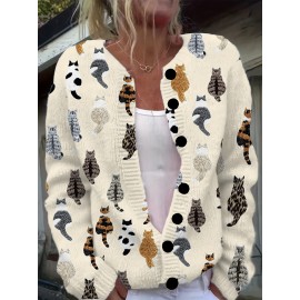 [Playful Design] Plus Size - Women's Lightweight Sweater Jacket - Pastel Pink With Black & White Animal Print, Button-Front Closure, Non-Bulky Long Sleeve Cardigan For Fall/Winter, Everyday & Formal Outfits - Position BK 052032, Fall Fashion, Playful Design, Comfortable Fit, Stylish Outerwear, Fashion Lovers, Cat Cardigan/Sweater For Women, Cardigan For Curvy Women, Curve Cat Print, Cardigans Women Good Quality, Vest Woman Large Size With Sleeve