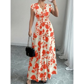 Elegant Pink Floral Maxi Dress with V-Neck and Short Sleeves - Flowing A-Line Silhouette, Cinched Waist, Perfect for Spring/Fall, Casual to Formal Wear, Casual Elegant Wear | Floral Print Dress | Cinched Waist Design