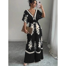 Women's Elegant V-Neck Short Sleeve Jumpsuit with Cinched Waist & Pleated Pants - Loose Fit Wedding Guest Outfit, Summer Party Suit, Machine Washable All-Season Attire