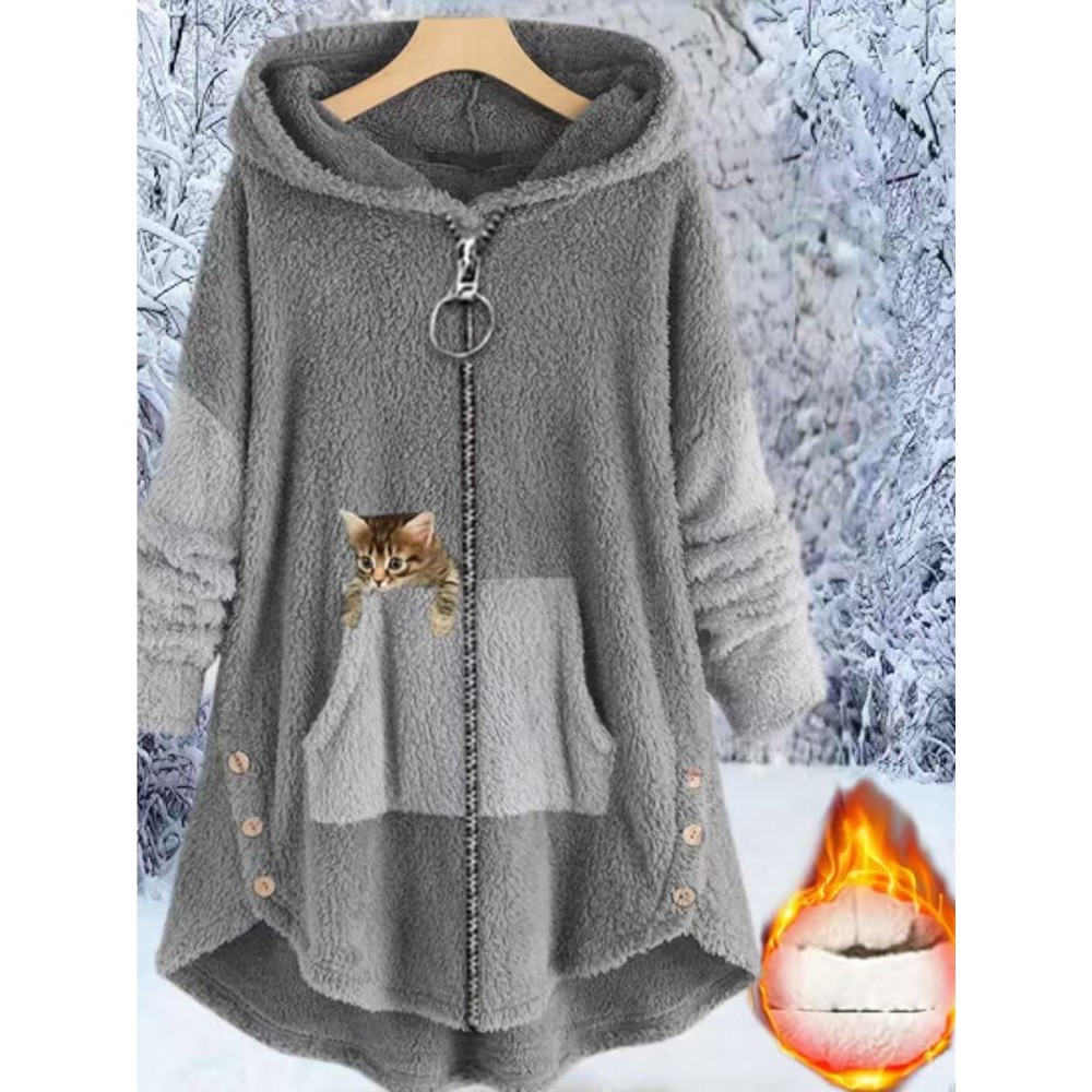 Women's Plus-Size Plush Zip-Up Hooded Jacket with Cat Print & Button Closure - Oversized Winter Warm Coat, Sleeveless Sporty Outerwear for Running, Gym, Casual Outfits - Machine Washable (Brown/Beige/Pink) - Fleece Lining, Pockets, Color Block Design, Relaxed Fit, Suitable for Exercise & Casual Attire, Large Size Casual Sportswear with Plush Material